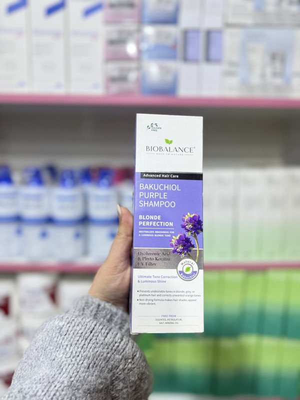 O Bio Balance Bakuchiol Purple Shampoo, designed for blonde, grey, or platinum hair