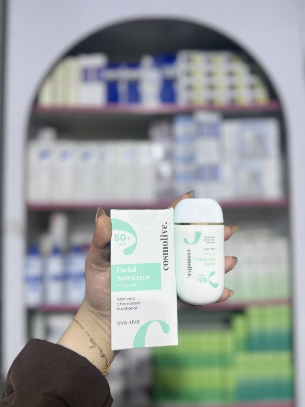 S Cosmolive Facial Sunscreen for oily skin, which provides SPF 50+ protection